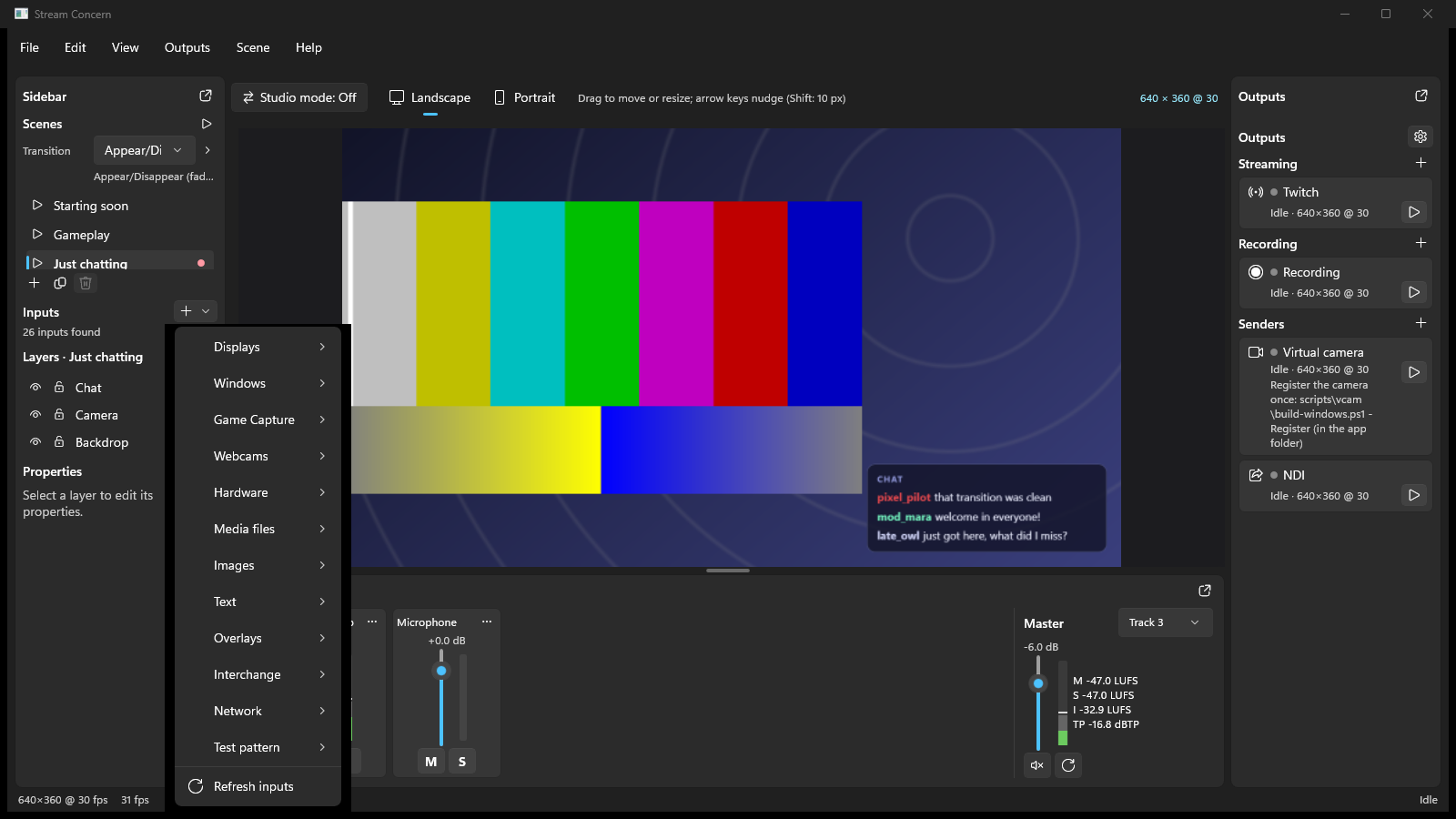 The Add input menu open, listing its groups of inputs (Windows)